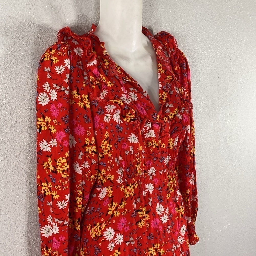 Oliver Bonas Floral Print & Frilled Bib Trim Red Midi Dress 2 EE29 - Picture 8 of 16